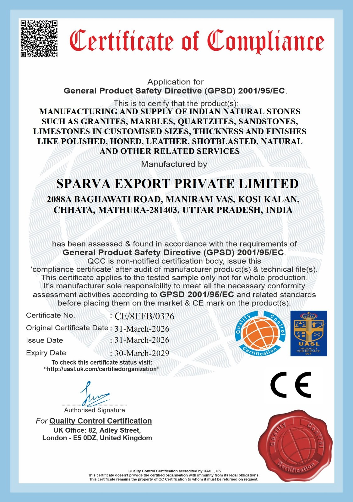 Manufacturing and Supply Compliance Certificate